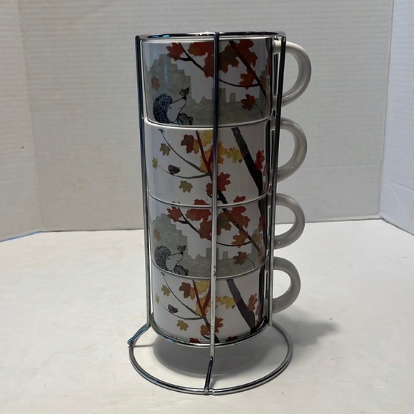 Pier 1 Dining Pier Stackable Hedgehog Autumn Stoneware Mugs Set Of